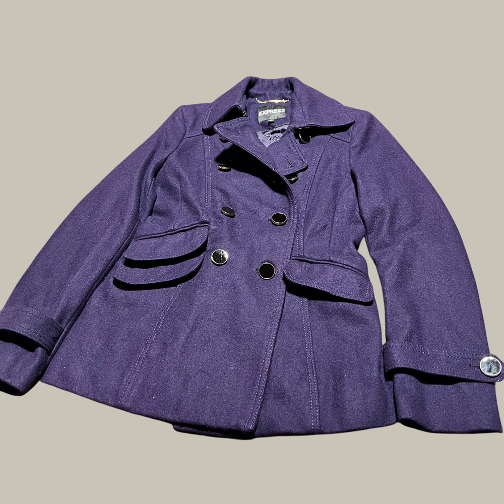 Express Womens Purple Recycled Wool Blend Double Breasted Pea Coat Jacket XS